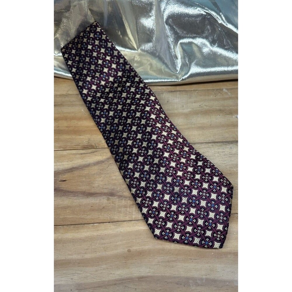 Lands End 100% Red Gold Geometric Tie Hand Sewn in USA Vtg